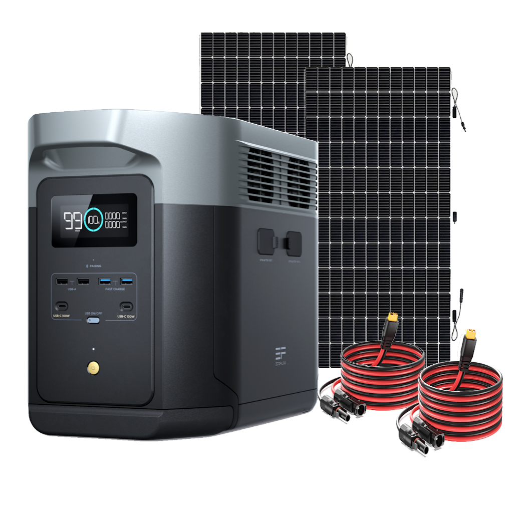 Kit Solar Portátil EcoFlow DELTA 2 MAX 2400 W + 2 Paneles Solares Flexibles de 560 W - Tienex Energy, Energía de Respaldo