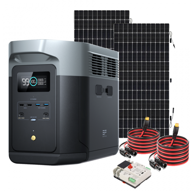 Kit Solar de Respaldo EcoFlow DELTA 2 MAX 2400 W + 2 Paneles Solares Flexibles de 560 W + Transferencia Automática_1